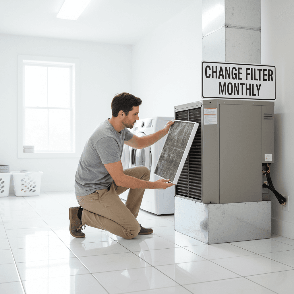 Homeowner checking an HVAC filter in a bright utility room