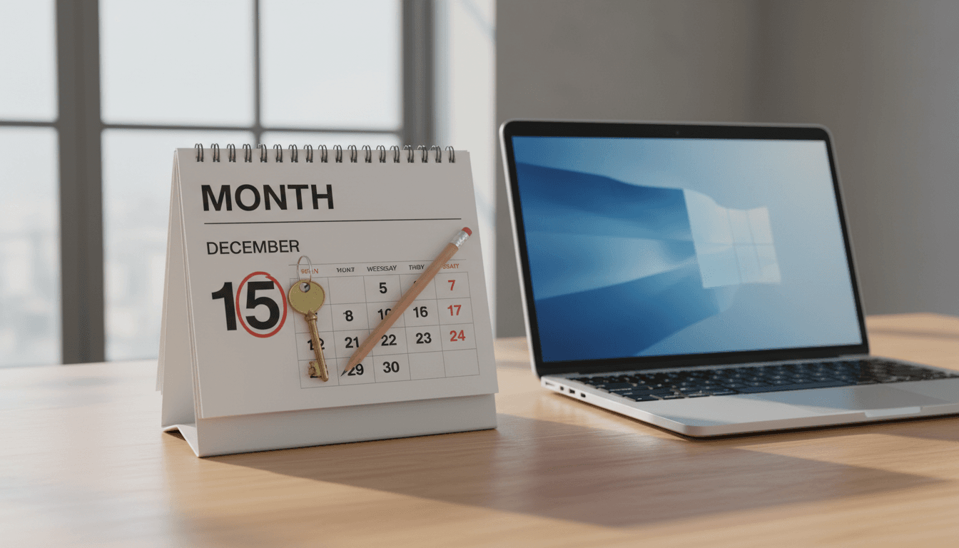 Calendar with a house key and pencil on a clean desk near a laptop