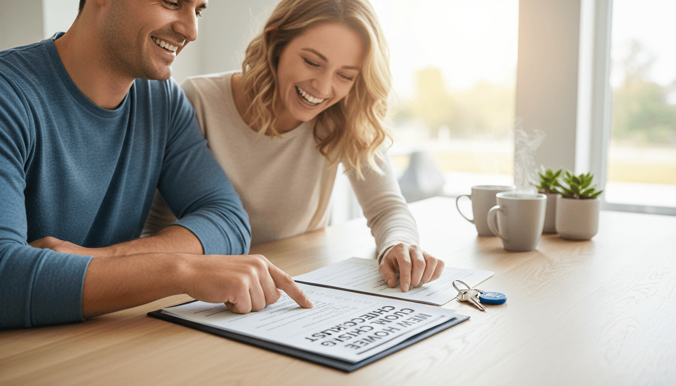 Happy couple reviewing a printed homebuyer checklist with house keys on a table