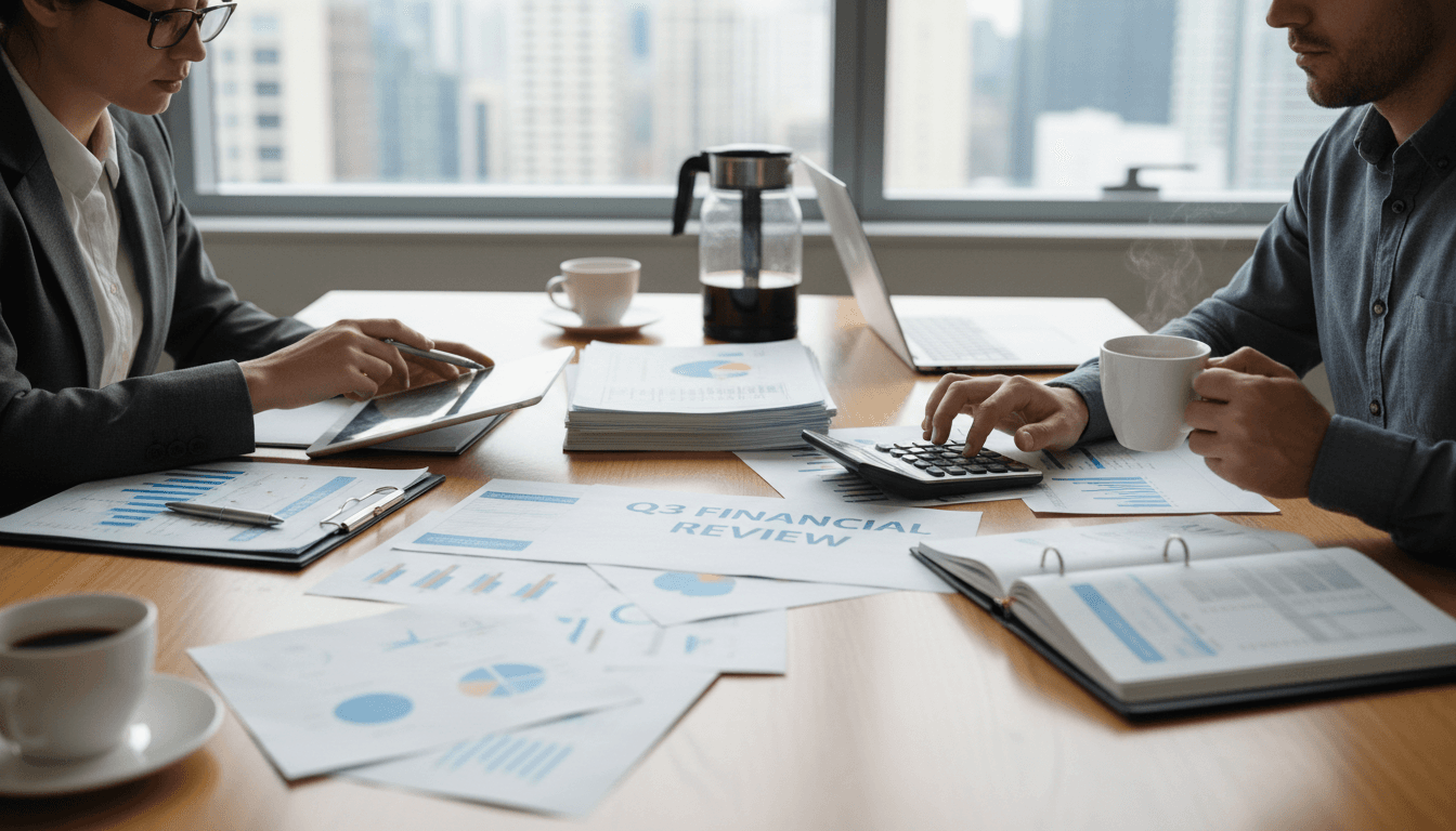 Two people reviewing financial documents with a calculator and coffee at a table