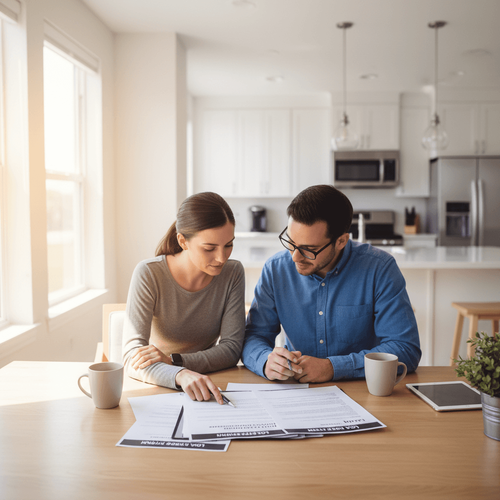 Couple reviewing mortgage loan documents together at a bright kitchen table