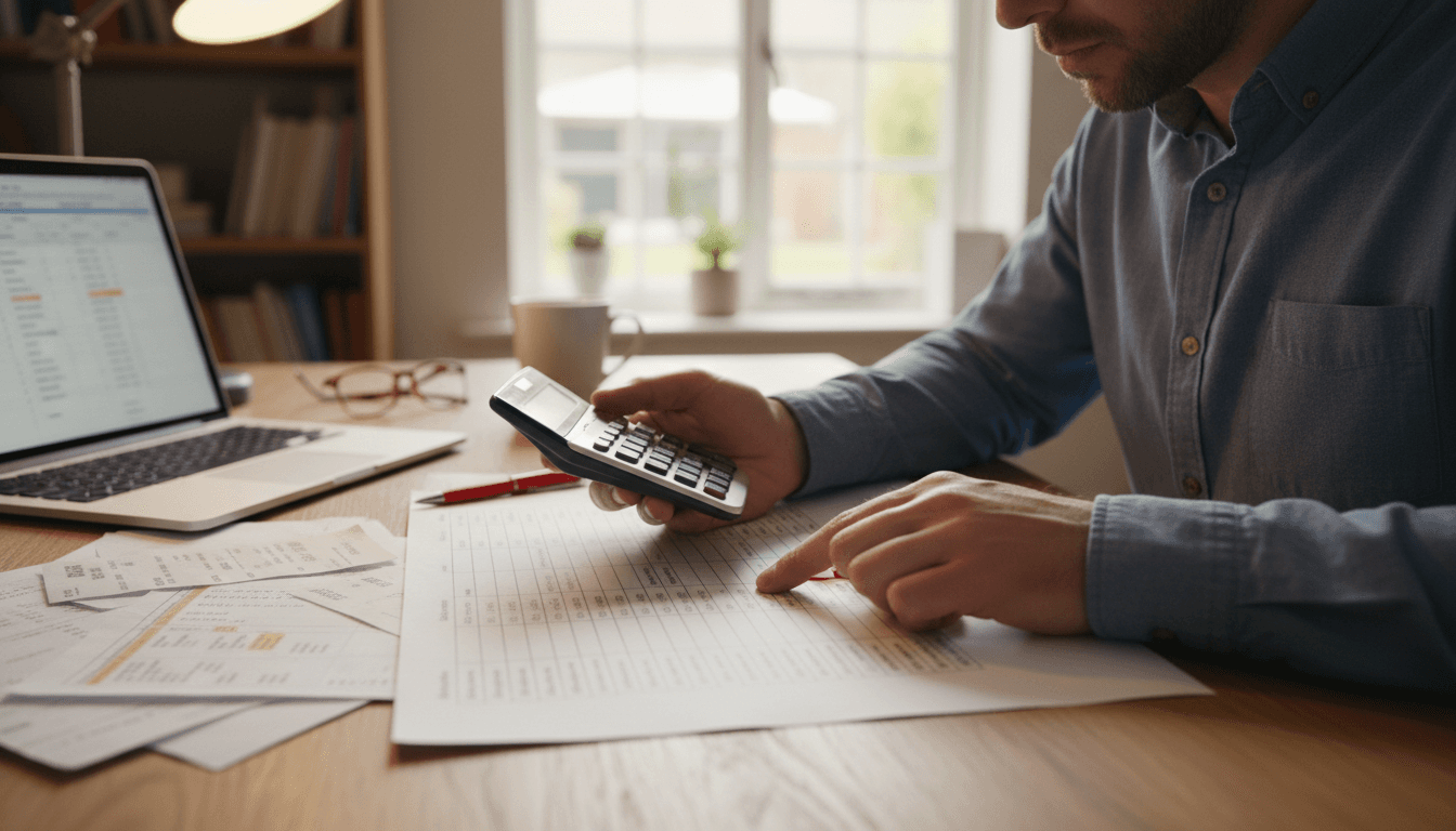 Person using a calculator to add up home budget numbers on paper at a desk