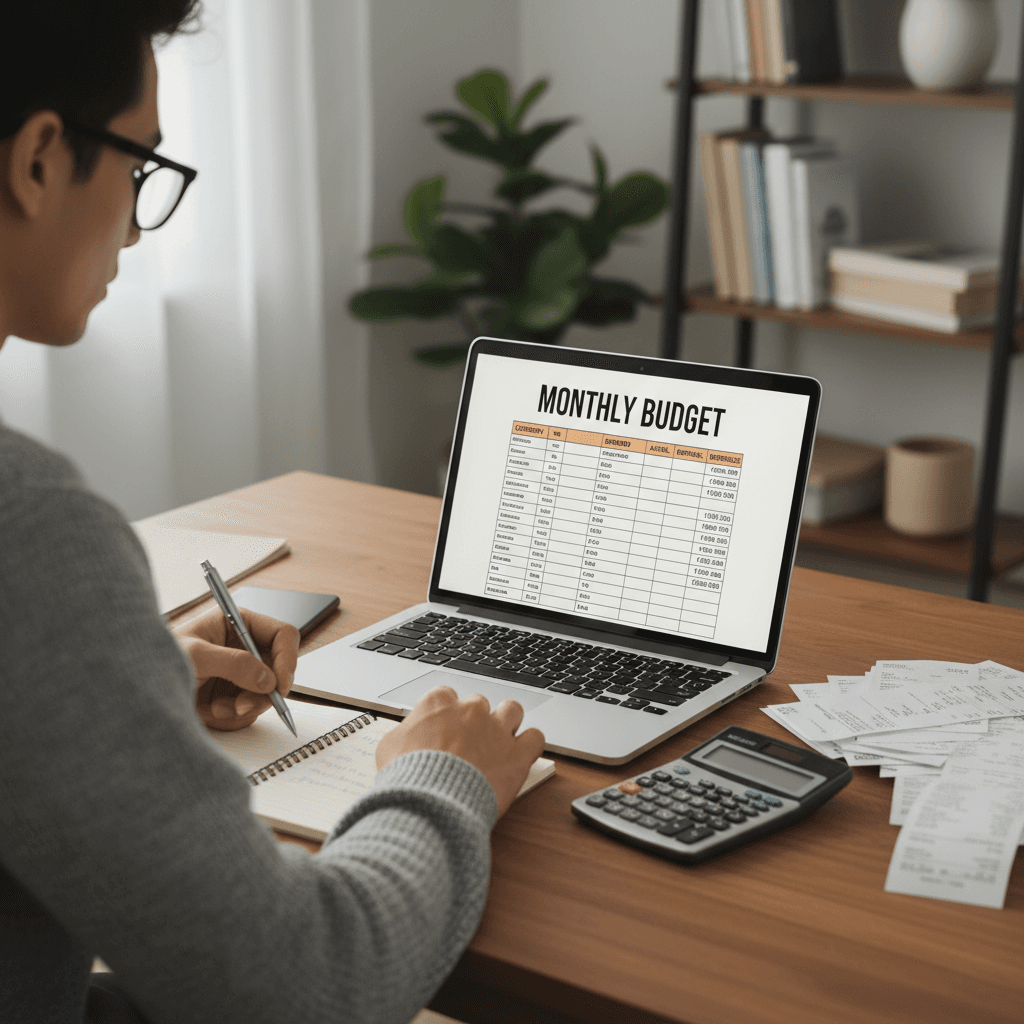 Person budgeting home expenses with a laptop and calculator at a home desk