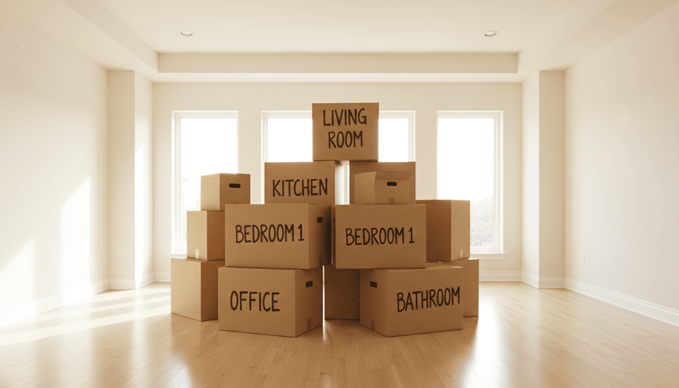 Moving boxes labeled with room names stacked in a bright empty living room