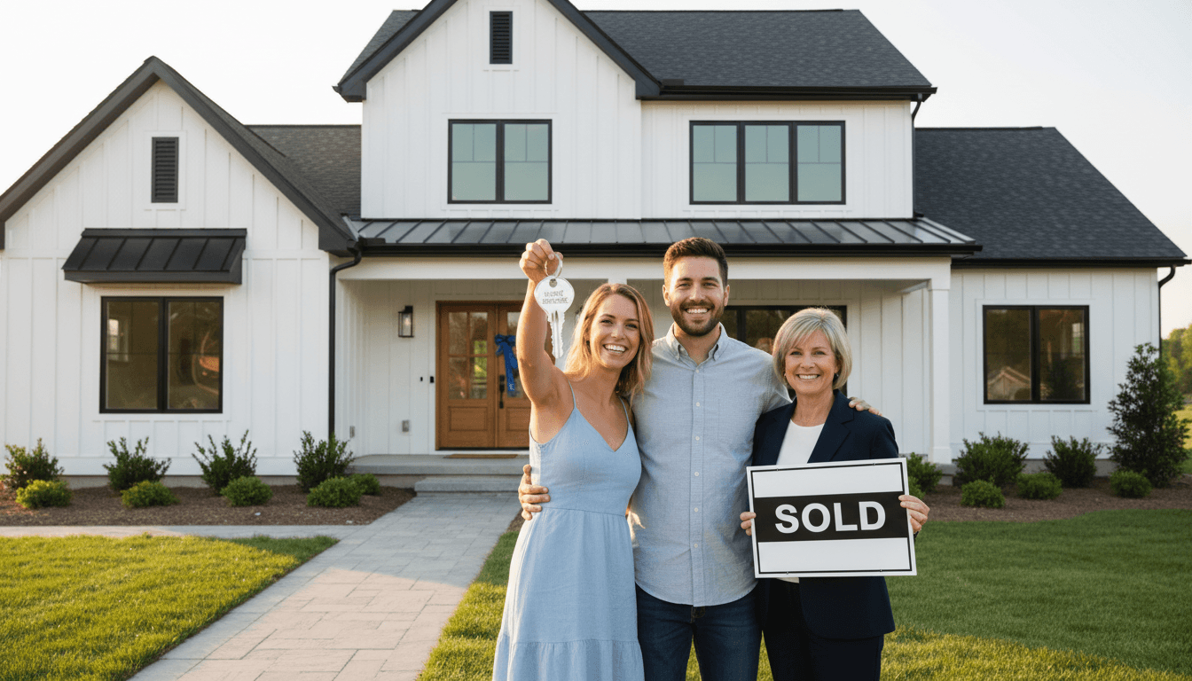 Happy young couple holding house keys in front of new home