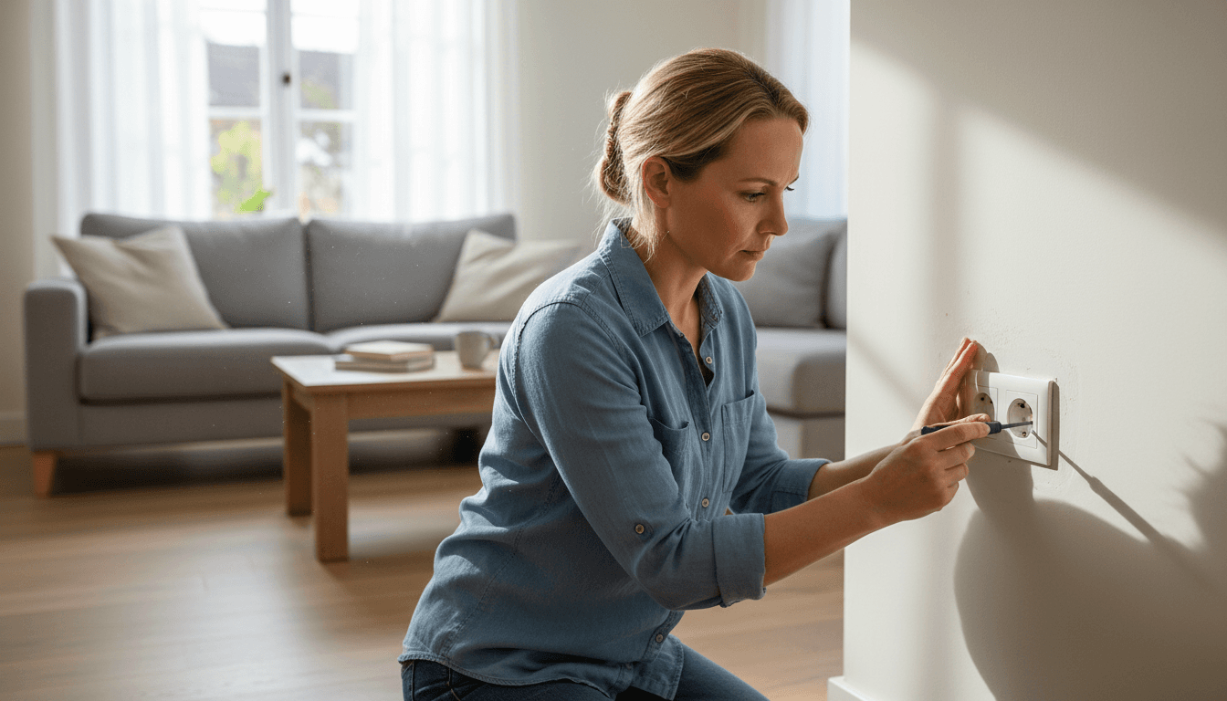 Homeowner inspecting a wall outlet with a small tool in a bright living room