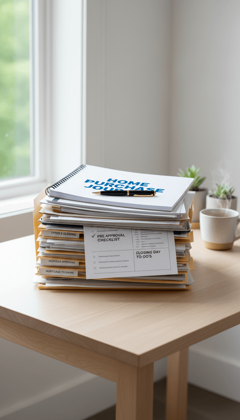 Neatly organized home buying documents and checklists on a bright desk