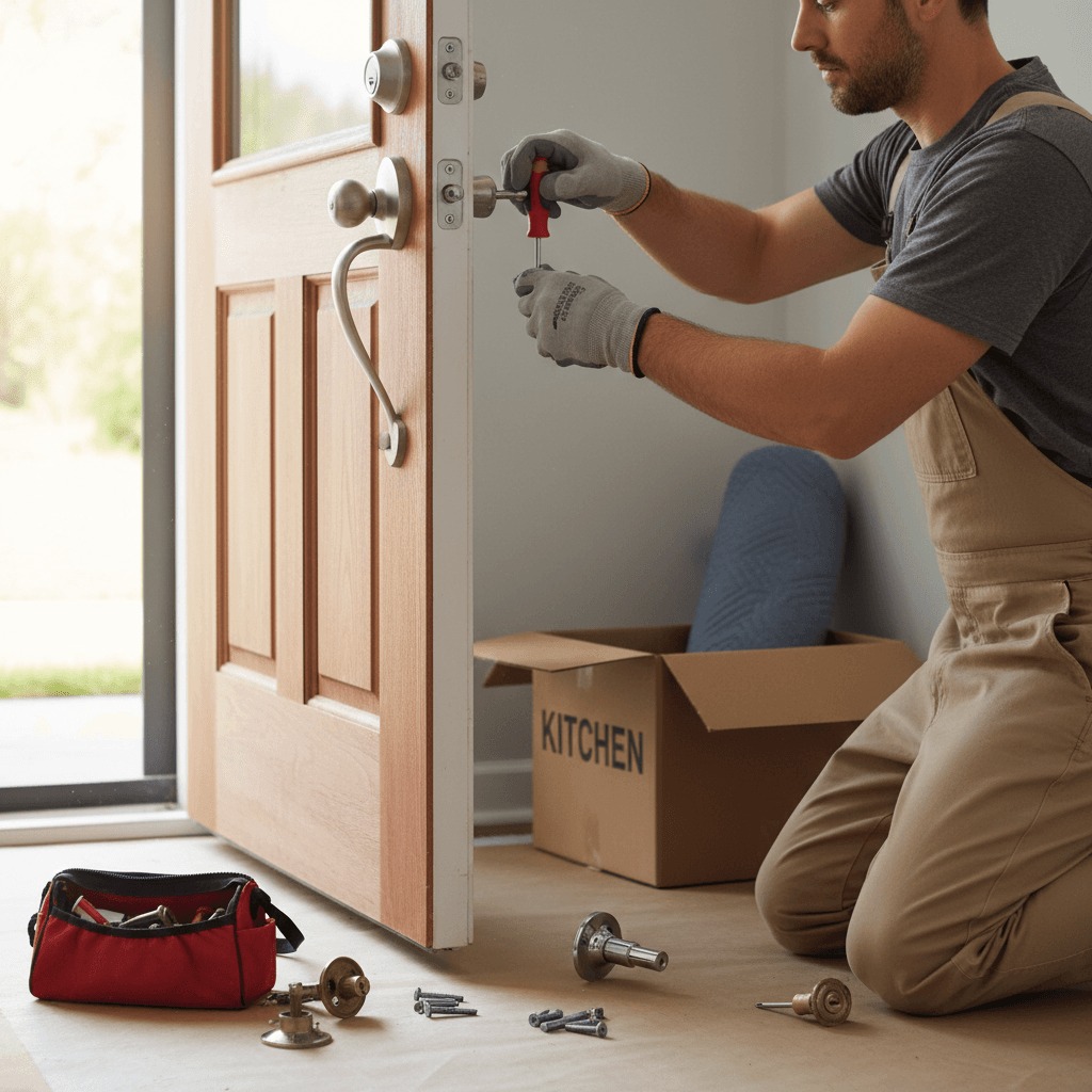 Person changing a door lock with a screwdriver at a new home entrance