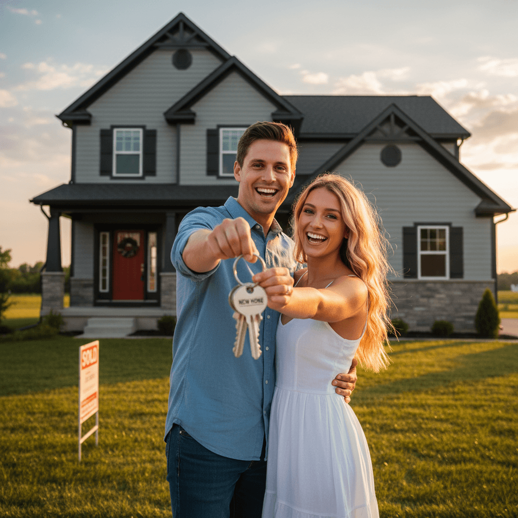 Happy young couple holding keys to their new home