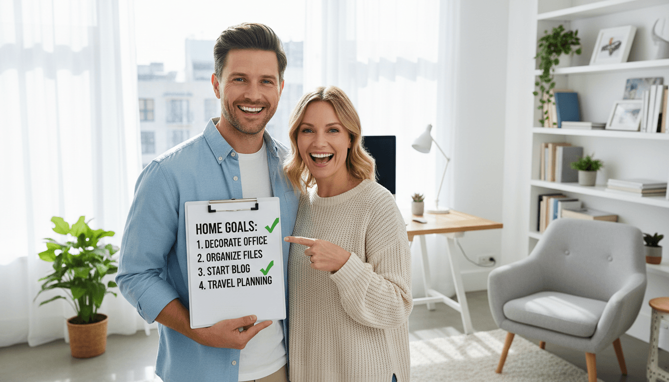Happy couple holding a clipboard with a checklist in a bright modern home office