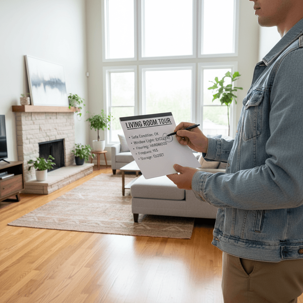 Person holding a printed checklist while touring a bright living room