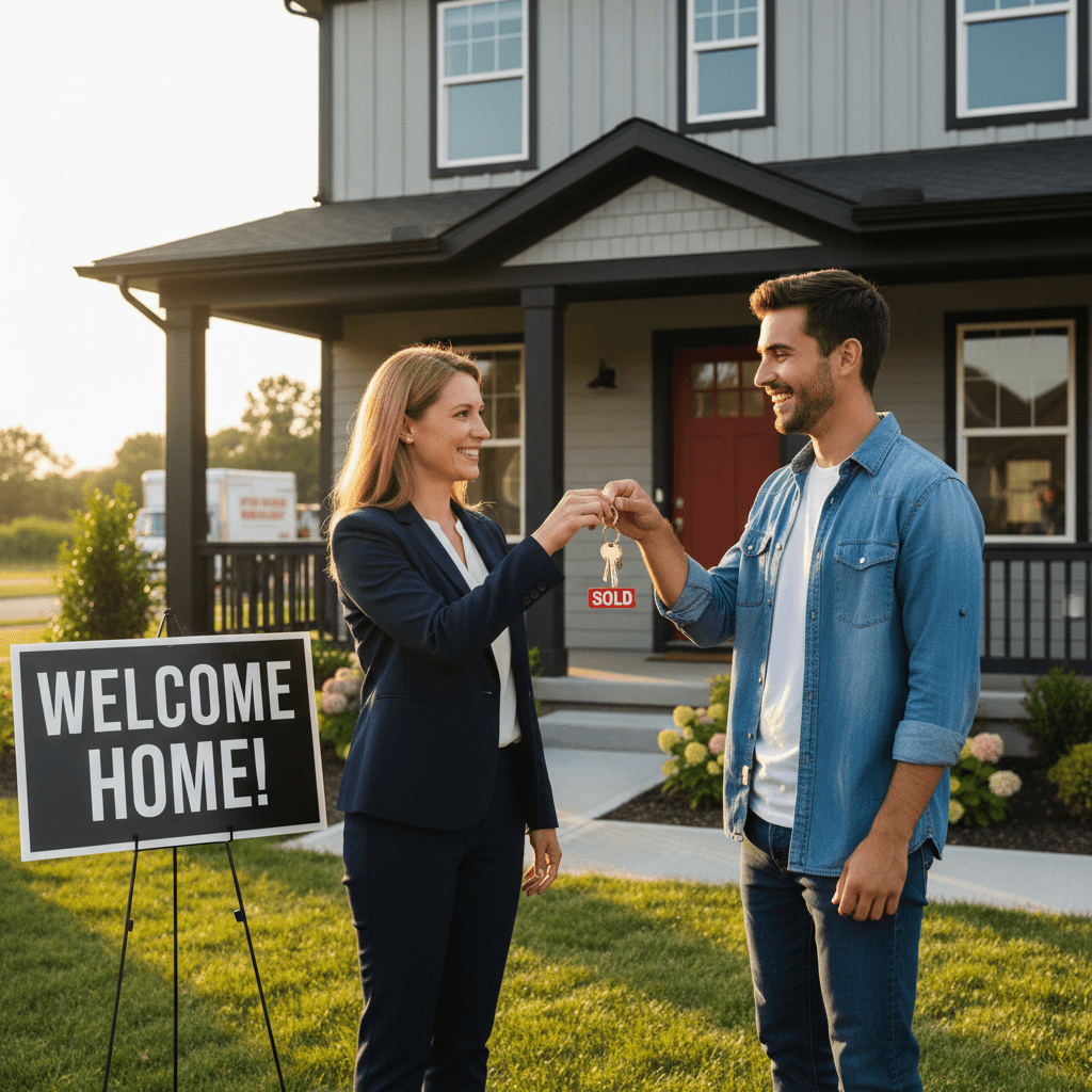 Real estate agent handing keys to a smiling first-time homebuyer at their new house