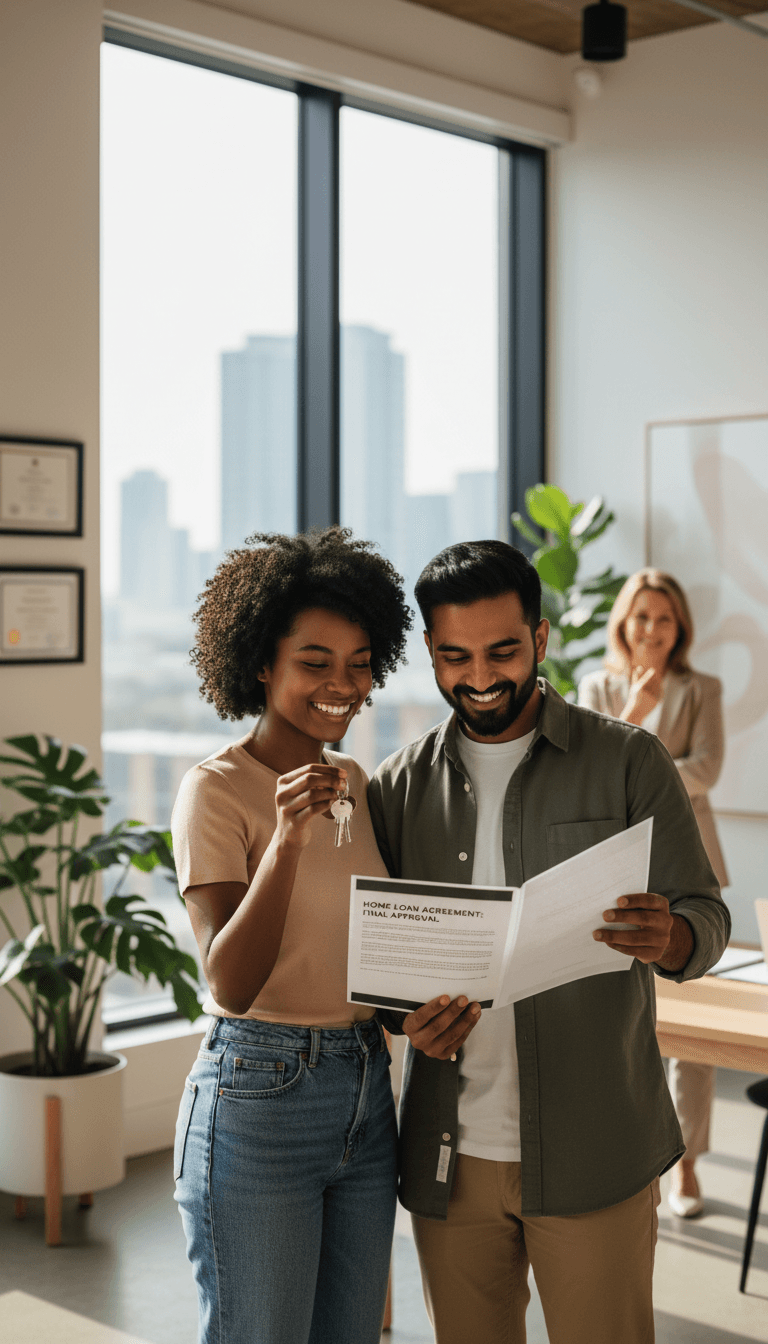 Happy couple receiving a mortgage pre-approval letter in a bright office