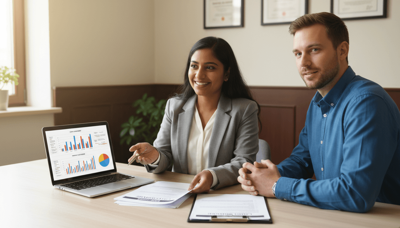 Couple reviewing paperwork with a loan officer at a modern office