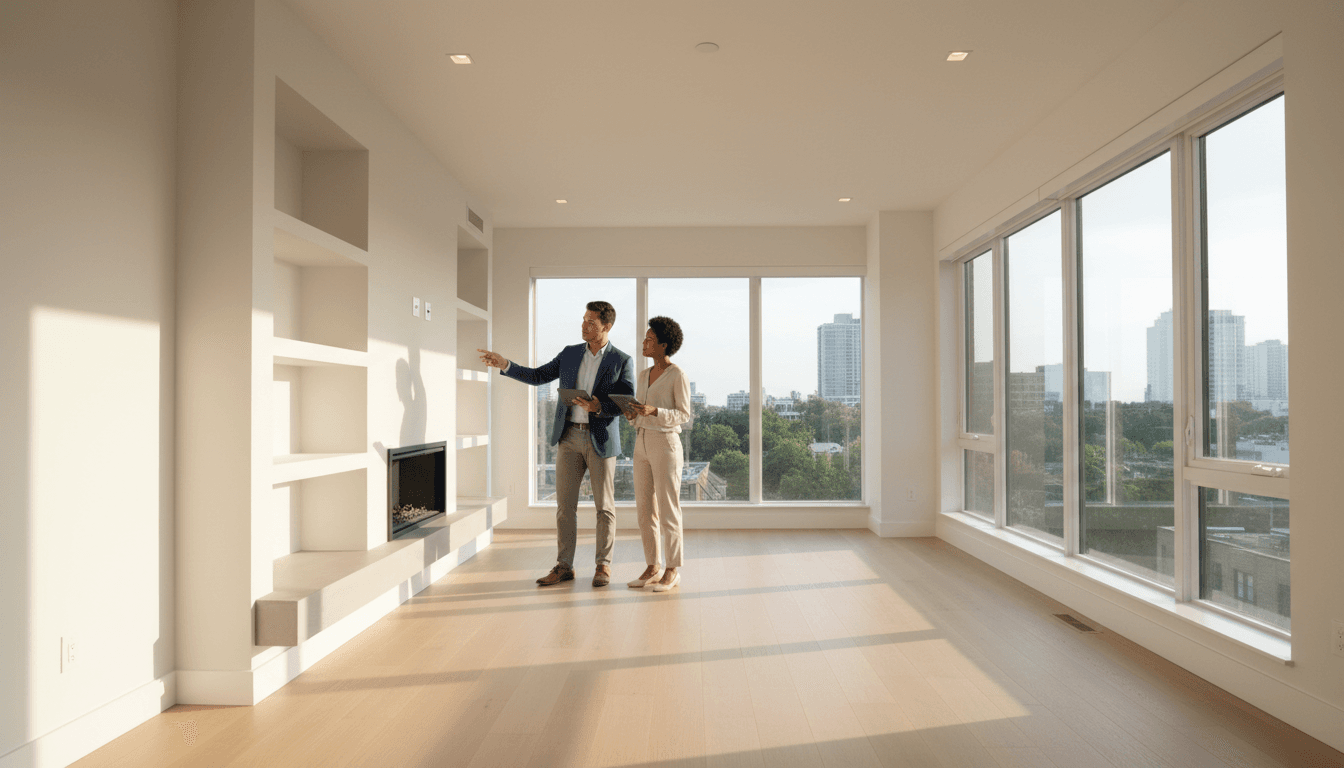 Couple touring a bright living room with a real estate agent