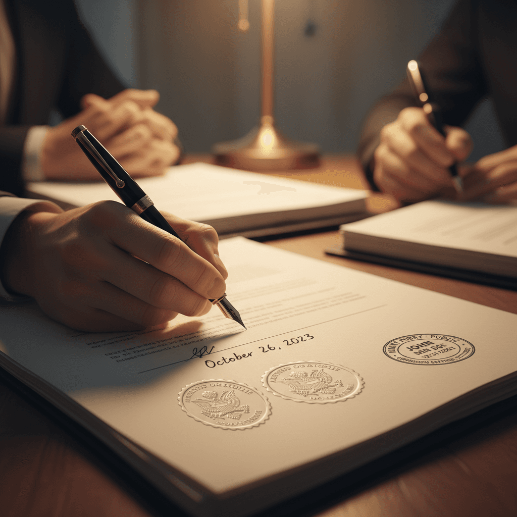 Person signing closing documents with a pen at a wooden table