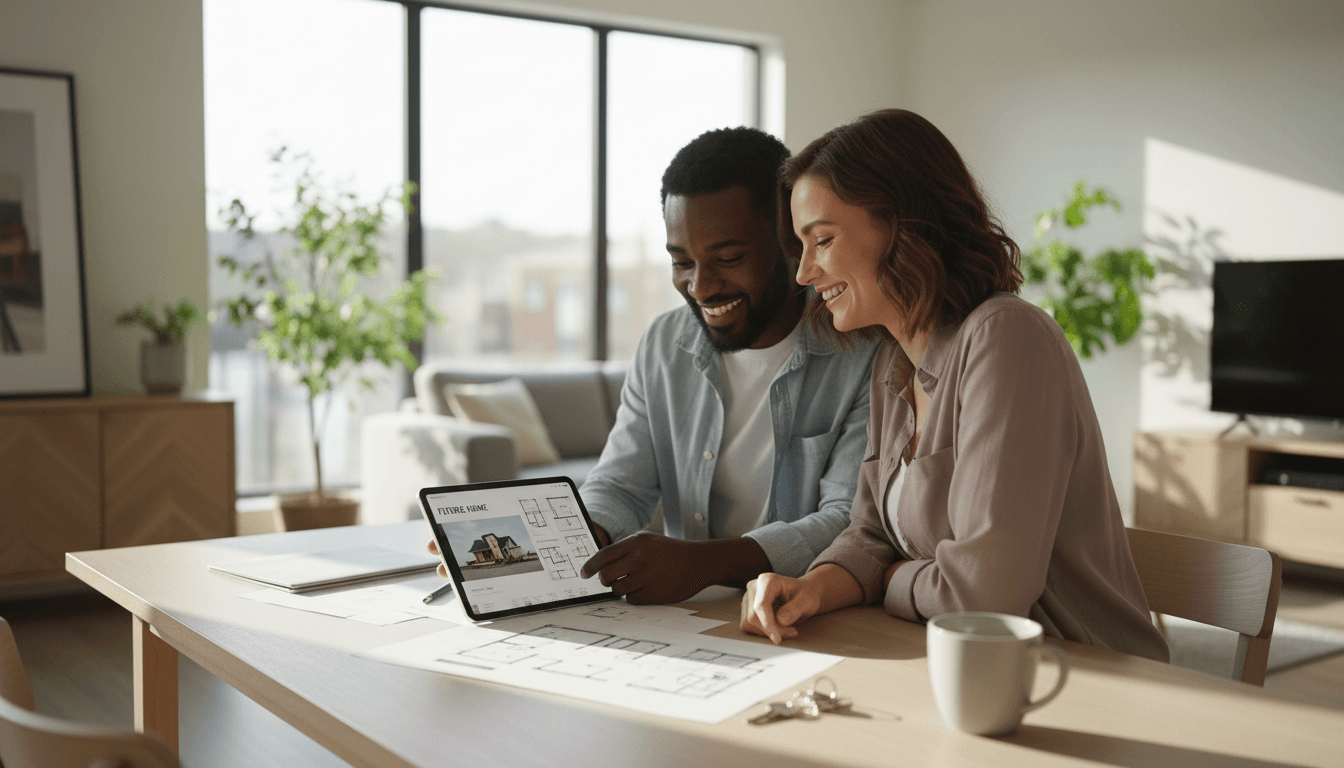 Couple browsing home listings together on a laptop in a living room
