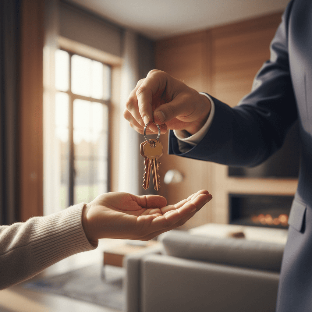 New homeowners smiling as they receive their house keys