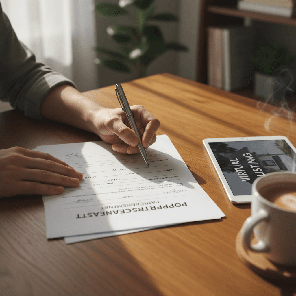 Happy young couple signing papers with real estate agent in bright modern office