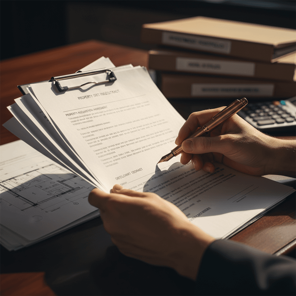Hand signing a real estate contract on a wooden table