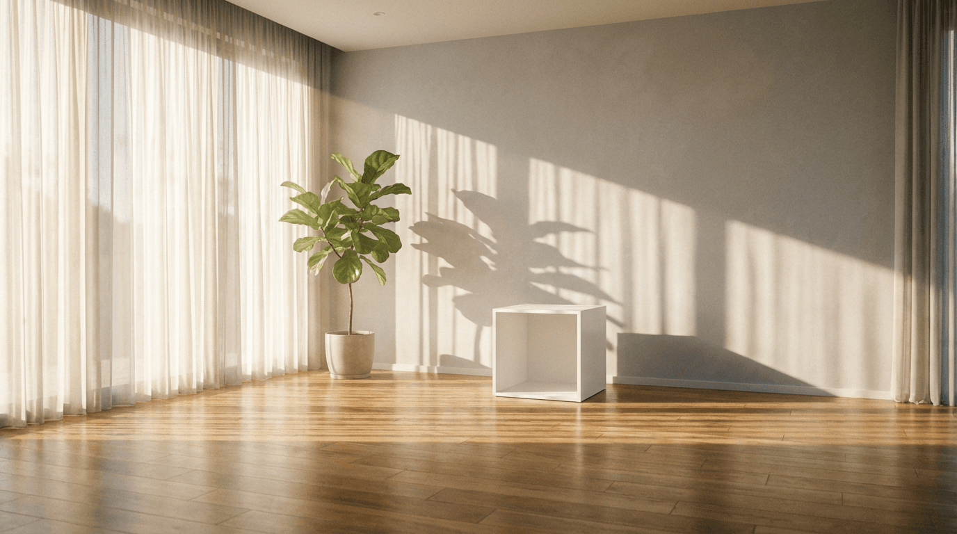 Cardboard moving boxes in a bright empty living room with large windows
