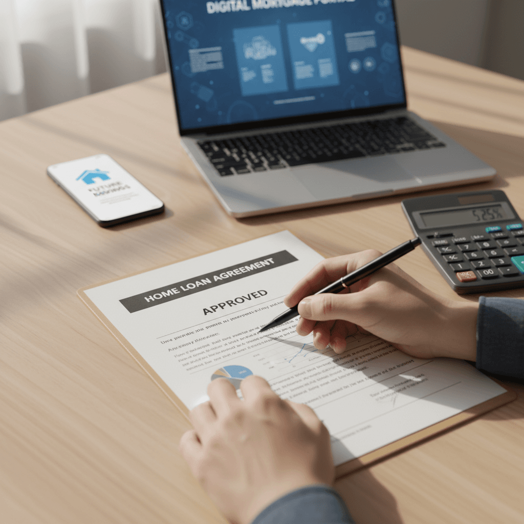 Homebuyer reviewing loan documents at a kitchen table