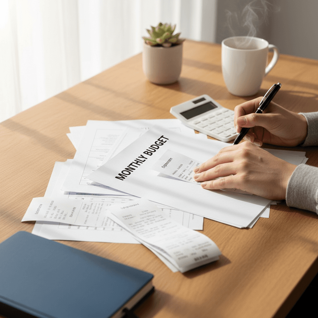 Organized folder with bills and house keys on a desk