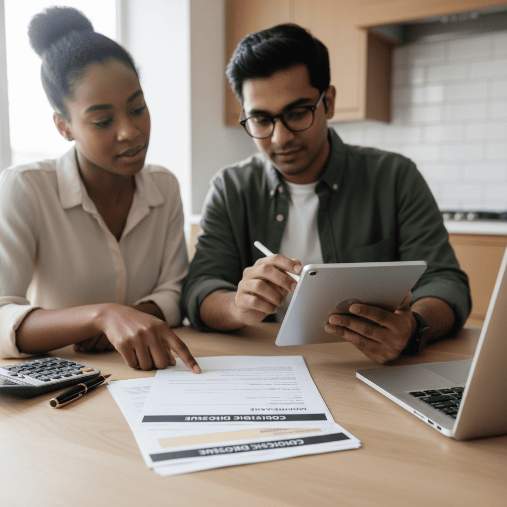 Couple reviewing home budget with calculators and documents at a table