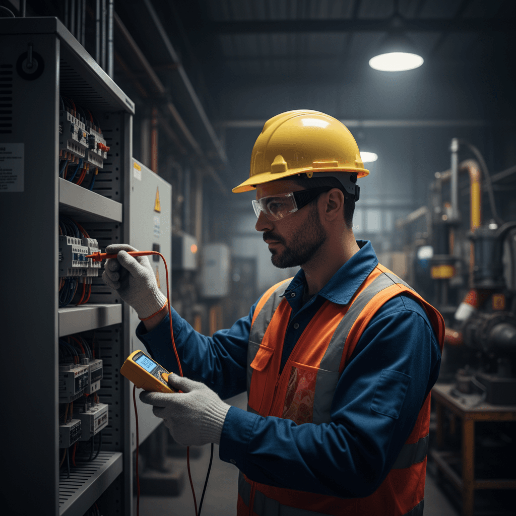 Home inspector examining an electrical panel inside a house