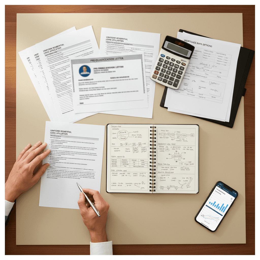 Calculator and mortgage documents on a desk