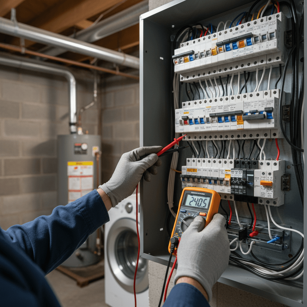 Home inspector checking an electrical panel during a house inspection