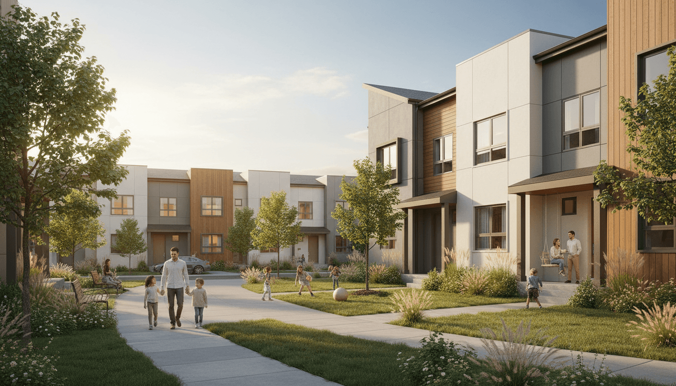 Row of townhouses with a community area