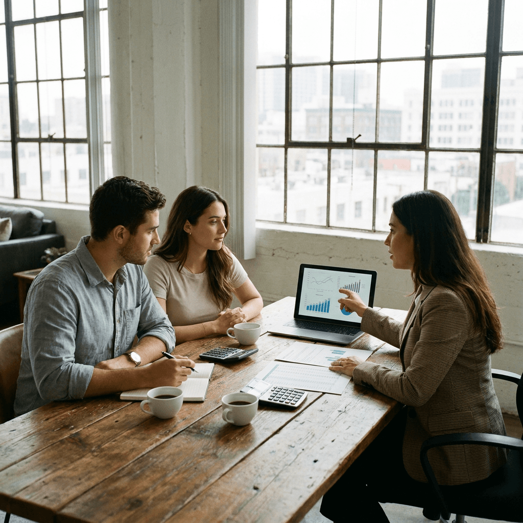 Young couple reviewing home budget papers together at a bright desk